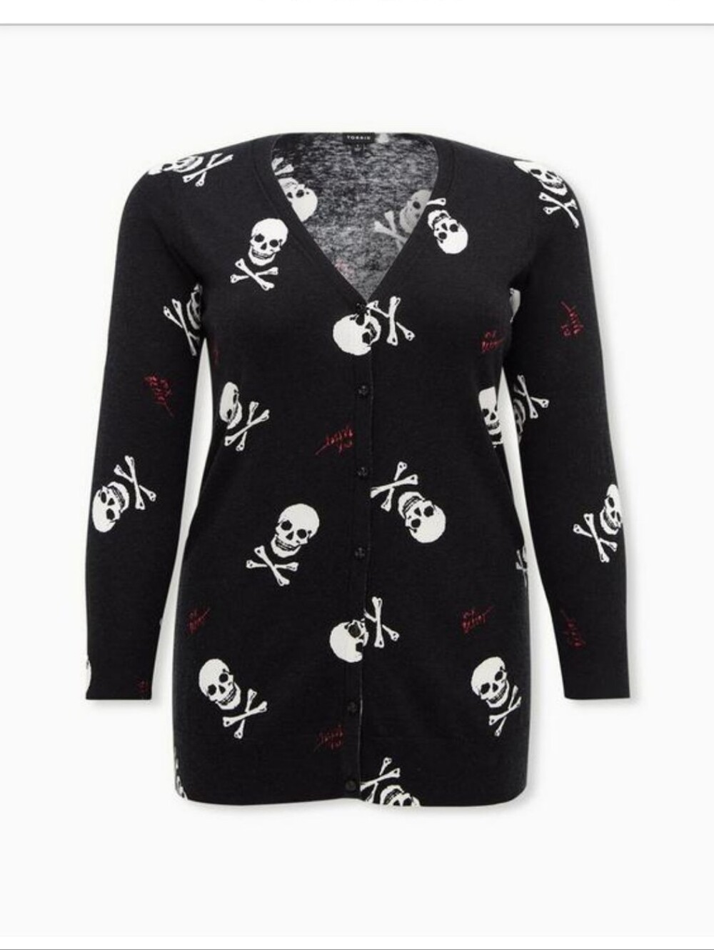 Betsey Johnson Black Skull Print V-Neck Cardigan with Red Accents